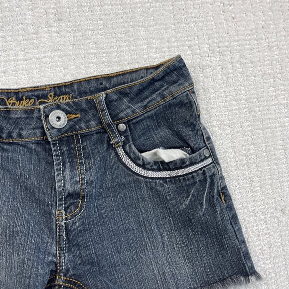 Y2K Suko Jeans Women Sz 7 Jean Shorts Denim Dark Blue Silver Distressed Cutoff - Picture 3 of 13